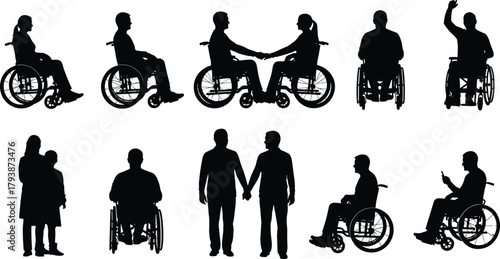 Inclusive silhouette vector, wheelchair and standing figures, social interaction icons, accessibility concept art, cad drawing flat vector illustration