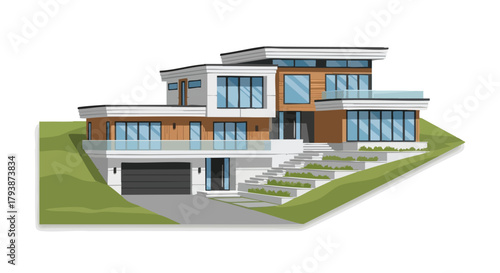 Contemporary hillside residence, showcasing architectural innovation and modern design, integrated into natural terrain with sleek lines