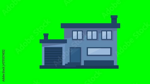 An animated video of a blue house and a garage on the side