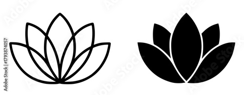 Minimalist icon, lotus flower vector, black and white, outline and silhouette