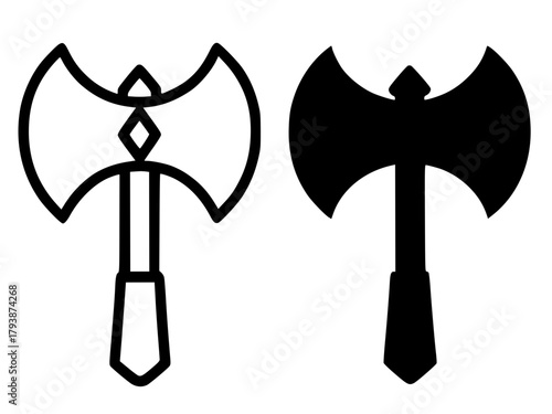 Minimalist icon, Wiro Sableng's axe vector, black and white, outline and silhouette