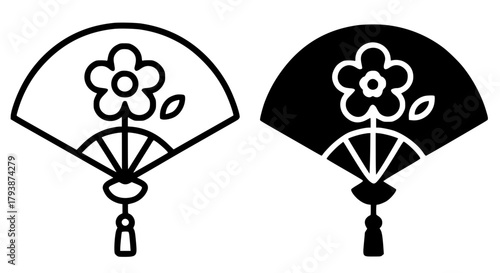 Minimalist icon, chinese fan vector, black and white, outline and silhouette