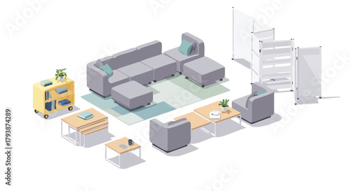 Isometric office arrangement featuring modular sofa, coffee tables, and mobile bookcase suggesting a versatile workspace environment