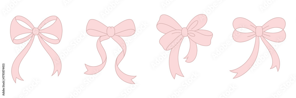 Obraz premium Cute pink hand-drawn bow set with ribbons, minimalist bowknot illustrations for weddings, birthdays, Christmas cards, posters, gifts, frames, vintage coquette style, and doodle sketch elements
