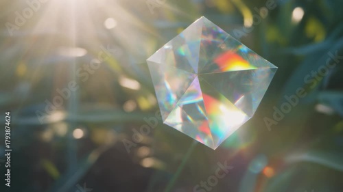 A clear, multi-faceted crystal prism floating in a sunlit, green natural environment, refracting light into rainbow colors.