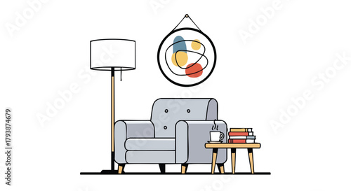 Cozy living room illustration with armchair, lamp, side table, books, and abstract wall art for relaxation and inspiration