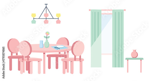 Minimalist dining room illustration showcasing pastel furniture and inviting atmosphere for relaxed meals and social gatherings