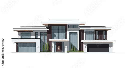 Architectural visualization showcasing a luxurious two story contemporary residence design with modern geometric features and expansive windows
