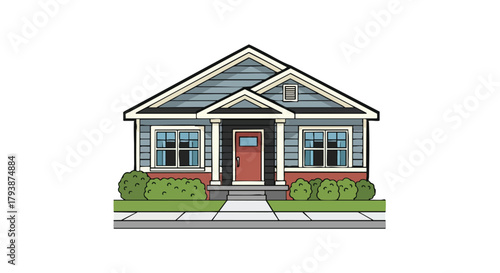 Charming residential dwelling illustration exhibiting a simple architectural design and neat landscaping, a classic suburban lifestyle depiction