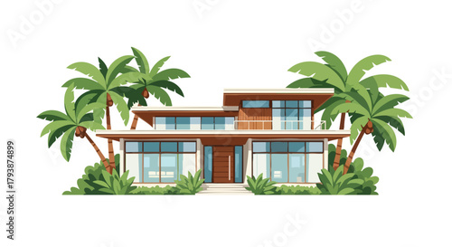 Stylized tropical house illustration with contemporary architecture and swaying palms highlighting luxurious coastal living and vacation ambiance