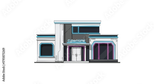 Futuristic Cyberhome Illustration: A Modern Architectural Design with Neon Accents and Clean Lines that Evokes a Sense of Technological Innovation