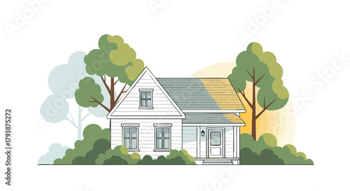 Stylized house illustration showcasing a serene property with lush trees and warm sunlight atmosphere creating a cozy home impression