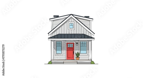 Sketch of a charming two-story cottage with a vibrant red door and gabled roof design showcasing architectural details that is aesthetically pleasing