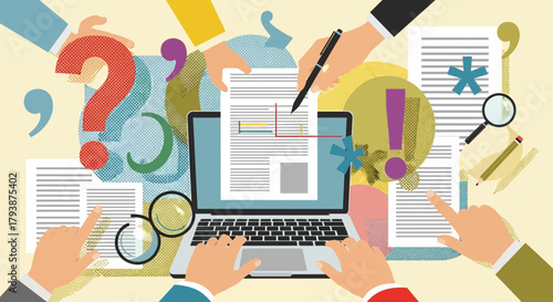 Collaborative editing process on a laptop, focusing on information and documentation