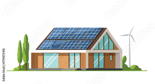 Sustainable Living Home: Eco-Friendly House with Solar Panels and Wind Turbine Integration Representing a Modern Energy Solution