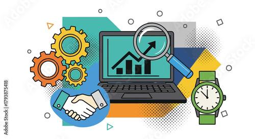Business strategy illustration showing collaboration and financial growth elements