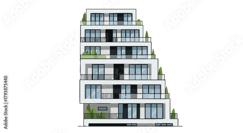 Architectural drawing of a modern terraced building with balconies and greenery showcasing a distinctive design aesthetic