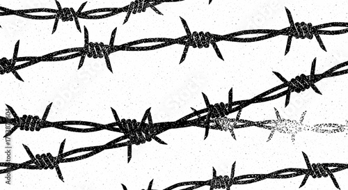 Abstract barbed wire fence illustration with grunge texture and stark contrast