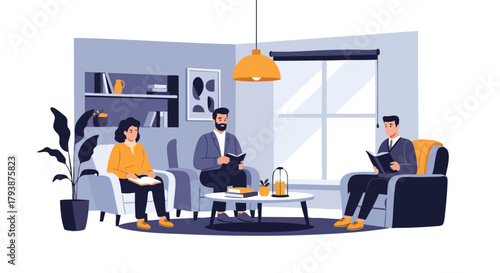 Group of readers enjoying literature in a cozy and modern living room atmosphere with natural lighting