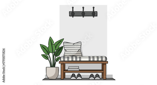 Stylish entryway interior design showcasing a wooden bench, decorative plant, and practical wall hooks for organized living and visual harmony