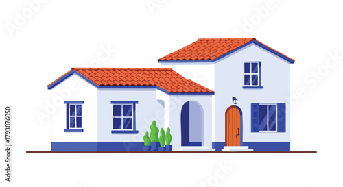 Charming two-story house with orange roof and blue accents representing residential architecture and vector design showcasing building