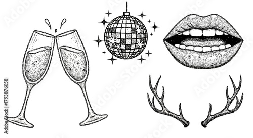 Elegant dotwork illustration featuring champagne glasses, a disco ball, lips, and antlers