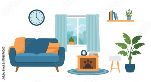 Cozy interior design illustration featuring a blue couch, window with curtains, and potted plant creates a serene and welcoming home setting