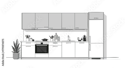 Stylized Kitchen Interior Rendering with Clean Lines and Minimalist Aesthetic Depicting Modern Cooking Space With Appliances