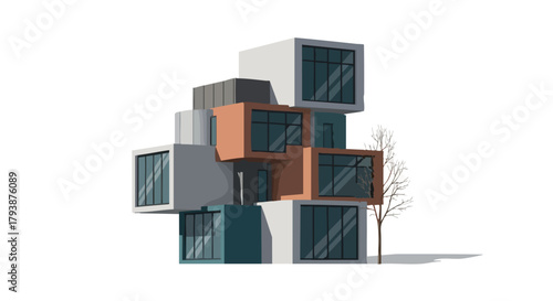 Architectural concept showcasing a modern modular building with a unique design and stacked cube-like structures creating a visually interesting