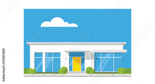 A minimalist facade of a modern house design presenting architectural simplicity and bright ambiance with a flat design style under the sky