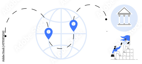 Globe with location markers, bank building, and collaborating individuals climbing blocks. Ideal for finance, teamwork, globalization, navigation, collaboration organization leadership. Simple flat