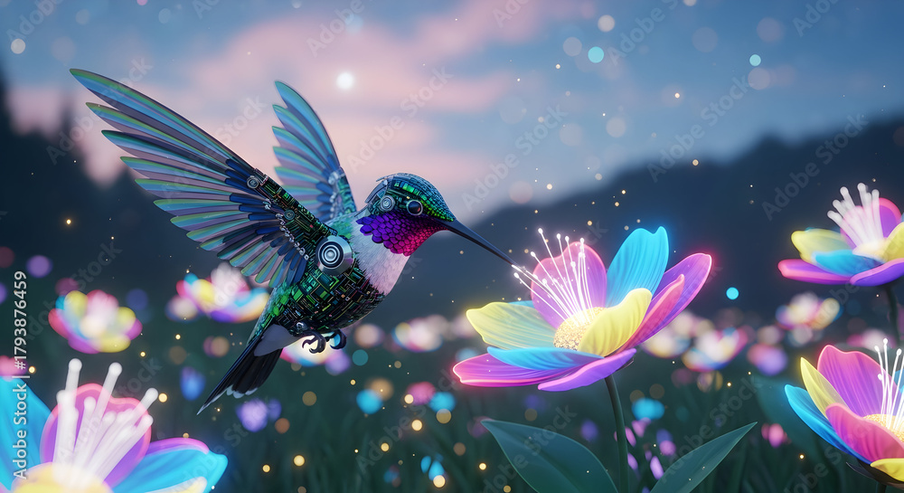 Obraz premium Vibrant hummingbird exploring a field of glowing, colorful flowers under a soft twilight sky