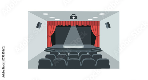 Depiction of a theater stage with red curtains, seating, and spotlight visualization