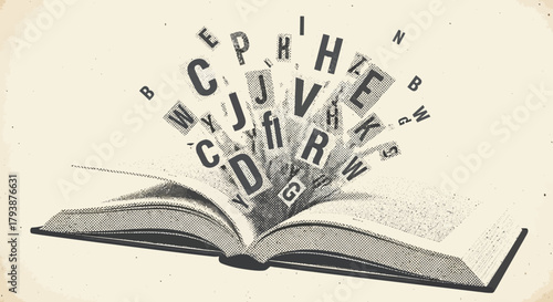 Open book with flying letters, symbolizing knowledge, education and learning