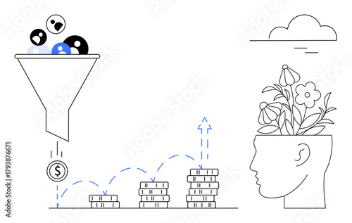 Funnel filtering leads into revenue head growing flowers symbolizing ideas. Ideal for marketing, sales, business strategy, creativity, innovation, growth, monetization. Minimalist flat metaphor