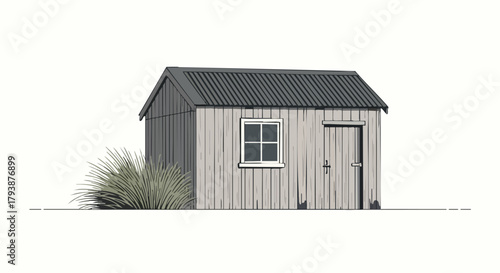 Quaint wooden outbuilding illustration with a metal roof and a clump of grass against a light background