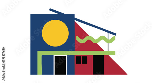 Modernistic architecture house facade graphic illustration in vibrant retro colors style creating an eye catching visual statement
