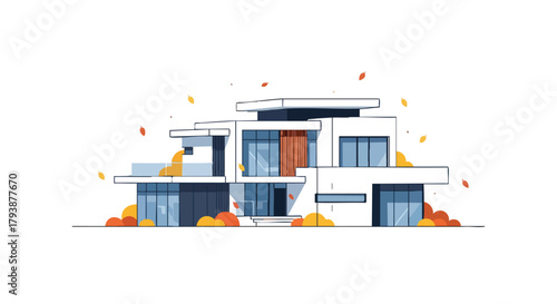 Minimalist Architectural Illustration of a Modern Home with Autumnal Touches, Evoking a Sense of Serenity and Contemporary Living