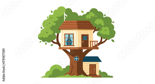 Whimsical Retreat: A Charming Two-Story Treehouse Nestled Amongst Lush Greenery and Featuring Rustic Design Elements Creating a Nostalgic Ambiance