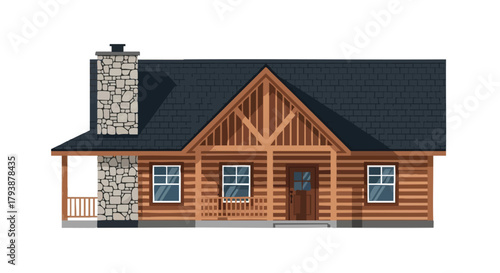 Charming log cabin facade with stone chimney and dark roof creating a rustic retreat illustration