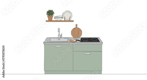 Stylized kitchen corner featuring a compact sink and hob unit with rustic shelving displaying plant and dining arrangement adding a homely ambiance