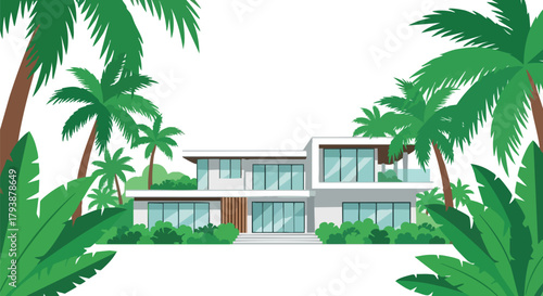 Contemporary coastal mansion showcased amidst lush tropical foliage, exuding luxury and relaxation amid the vibrant green landscape, evoking