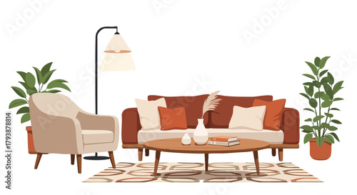 Aesthetic living room with mid-century modern furniture and bohemian design elements creating a cozy atmosphere