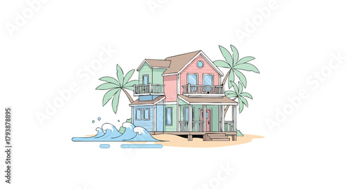 Whimsical Coastal Home Illustration with Tropical Palm Trees and Gentle Ocean Waves