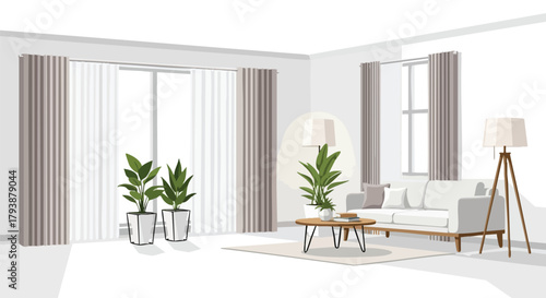 Cozy and bright living room design with plants, a sofa, and minimalist decor showcasing modern aesthetic elements
