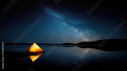 Serene Night Camping by the Calm Lake Under the Starry Sky