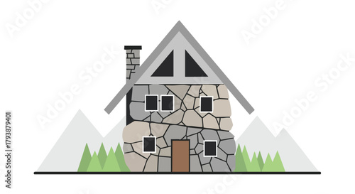 Whimsical stone cottage with mountain backdrop, evoking cozy fairytale charm and rustic architectural simplicity in muted color palette