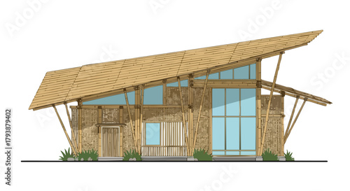 Sustainable dwelling showcase: Architectural visualization of a bamboo and glass home design with clean lines and minimalist landscaping at base level