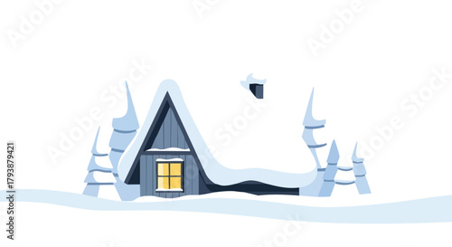 Charming illustration of a snowy cabin, portraying winter's embrace and the cozy solitude of a mountain retreat under a blanket of snow
