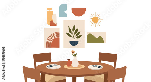 Aesthetic dining room illustration with boho wall art creating a cozy and inviting atmosphere in a home interior visual featuring an arrangement of